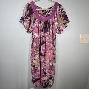 Vintage Loungees Purple And Pink Floral House Dress Mumu Womens XL Knit Neckline